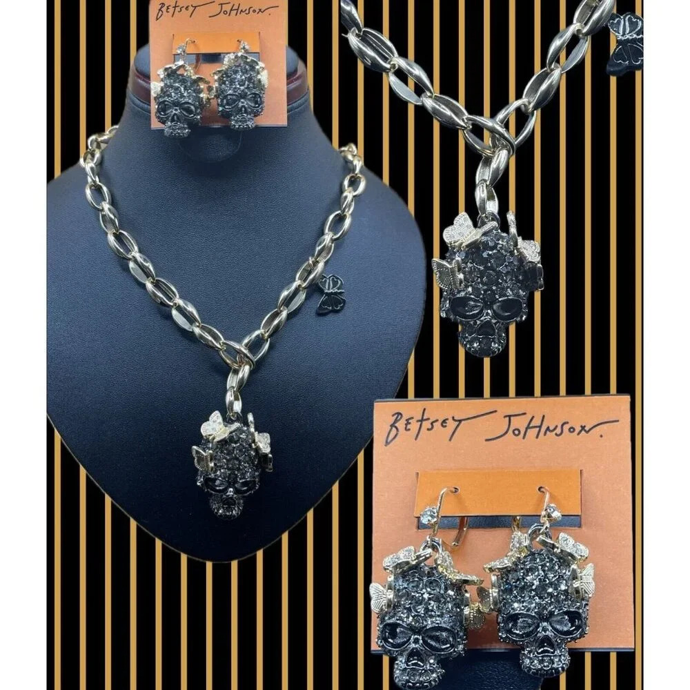 Betsey Johnson Gunmetal Skull Gold Pave Butterfly Necklace & Drop Earrings Set